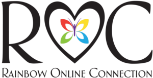 Text that reads "ROC, Rainbow Online Connection". The O in ROC is heart-shaped and contains the Rainbow Camp rainbow butterfly.